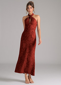 Azazie Marlissa Bridesmaid Dresses Terracotta Sheath Pleated Floral Burnout Dress image3