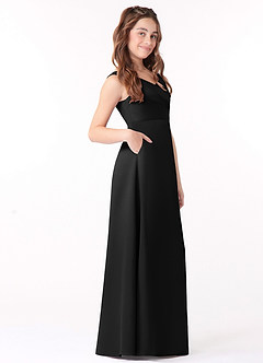Azazie Sadia Junior Black A-Line Pleated Matte Satin Dress image2