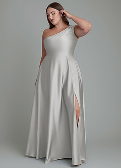 Azazie Melanie Jurken voor bruidsmeisjes Jurk van Stretch Satijn met A-lijn Off-shoulder Zilver image9