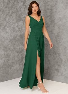 Azazie Kori Brautjungfernkleider A-Linie Plissee Chiffon Kleid Dunkelgrün image1