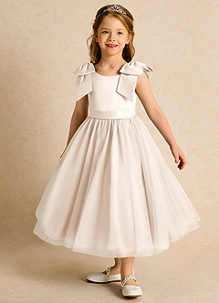 Azazie Serene Flower Girl Dresses White Alabaster Ball-Gown Bow Matte Satin Dress image1