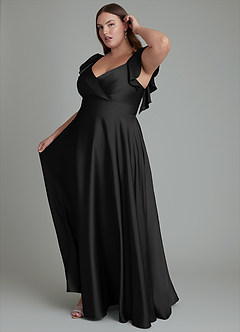 Azazie Leilani Bridesmaid Dresses Black A-Line Ruched Stretch Satin Dress image5