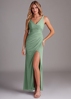 Azazie Leandra Bridesmaid Dresses Matcha Mermaid V-Neck Pleated Mesh Dress image1