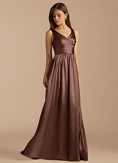 Azazie Keyla Bridesmaid Dresses Espresso A-Line Pleated Metallic Satin Dress image4