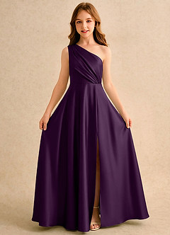 Azazie Puddles Girls Formal Robe Demoiselle D'honneur Fillette Robe Trapèze en Satin extensible Une épaule Grain De Raisin image5