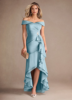 Azazie Billings Mother of the Bride Dresses Moody Blue Mermaid Off the Shoulder Stretch Satin Dress image1
