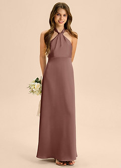 Azazie Beah Junior Espresso A-Line Pleated Stretch Satin Dress image4