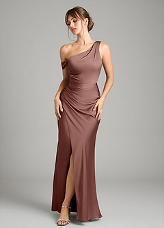 Azazie Madelyn Bridesmaid Dresses Espresso Mermaid One Shoulder Stretch Satin Convertible Dress image1