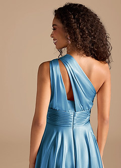 Azazie Charlize Bridesmaid Dresses Steel Blue A-Line One Shoulder Metallic Satin Dress image5