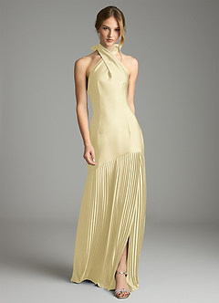 Azazie Nayeli Final Sale Lemon Sorbet A-Line Pleated Stretch Satin Dress image2
