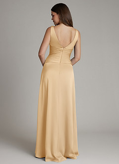 Azazie Pauline Bridesmaid Dresses Gold A-Line Pleated Stretch Satin Dress image2