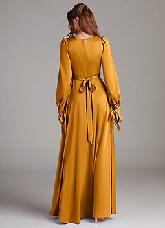 Azazie Leonia Bridesmaid Dresses Butterscotch A-Line Long Sleeve Stretch Satin Dress image2