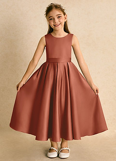 Azazie Junebuj vestidos de niña de las flores Vestido de Castaño de Satin Mate de Princesa con Plisado image4