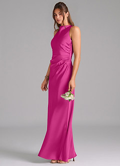 Azazie Evadne Bridesmaid Dresses Fuchsia A-Line Pleated Stretch Satin Dress image1