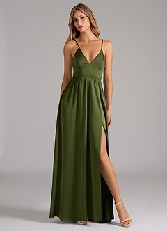 Azazie Aaida Bridesmaid Dresses Olive A-Line Corset Stretch Satin Dress image5