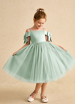 Azazie Amie Flower Girl Dresses Agave A-Line Off the Shoulder Matte Satin Dress image1