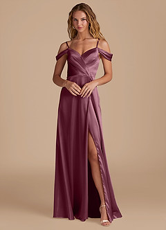 Azazie Ocean Bridesmaid Dresses Cabernet A-Line Off the Shoulder Metallic Satin Dress image1