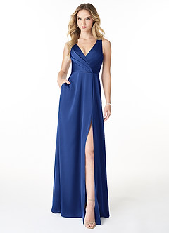 Azazie Nelly Bridesmaid Dresses Royal Blue A-Line V-Neck Pleated Stretch Satin Dress image1