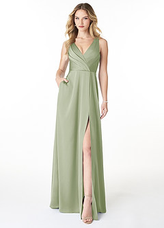 Azazie Nelly Robes de demoiselle d'honneur Robe Trapèze en Satin extensible Col en V Plissé Vert Sauge image1