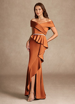 Azazie Dareia Mère de la mariée Robes Robe Sirène en Satin extensible Épaule décolletée Cannelle image5