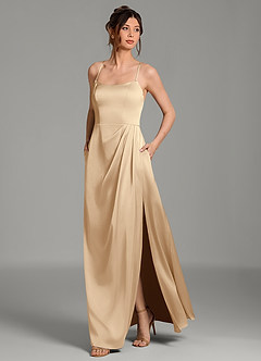Azazie Frankie Bridesmaid Dresses Champagne A-Line Pleated Stretch Satin Dress image3