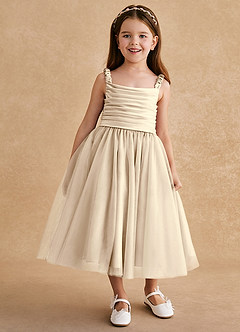 Azazie Gabbie Flower Girl Dresses Champagne A-Line Pleated Matte Satin Dress image1
