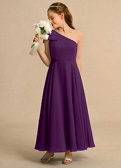 Azazie Guppy Girls Formal Robe Demoiselle D'honneur Fillette Robe Trapèze en Mousseline de soie Une épaule Grain De Raisin image5