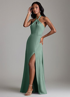 Azazie Tracie Bridesmaid Dresses Eucalyptus A-Line Side Slit Stretch Satin Dress image4