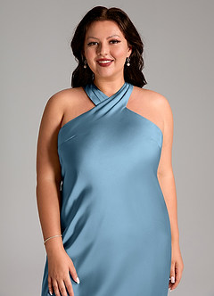Azazie Doretta Bridesmaid Dresses Steel Blue Mermaid Pleated Stretch Satin Dress image11