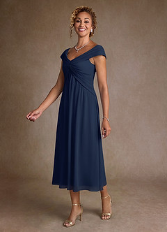 Azazie Mirta 신부의 어머니 드레스 A라인 주름진 플로럴 번아웃 티 길이 드레스 image4