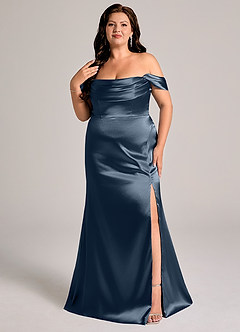 Azazie Saige Bridesmaid Dresses Dark Navy Sheath Off the Shoulder Metallic Satin Convertible Dress image11