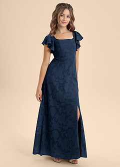 Azazie Bondi Junior Dark Navy A-Line Bow Floral Burnout Dress image6