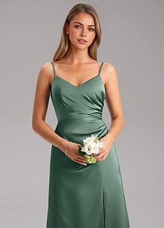 Azazie Azuree At-home Try On Dresses Dusty Sage A-Line Pleated Stretch Satin Dress image8