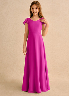 Azazie Nari Girls Formal Robe Demoiselle D'honneur Fillette Robe Trapèze en Mousseline de soie avec manches Fuchsia image5