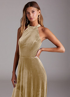 Azazie Larice Bridesmaid Dresses Golden Tan A-Line with Pockets Velvet Dress image5