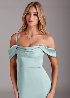 Azazie Saige Bridesmaid Dresses Mist Sheath Off the Shoulder Stretch Satin Dress image2