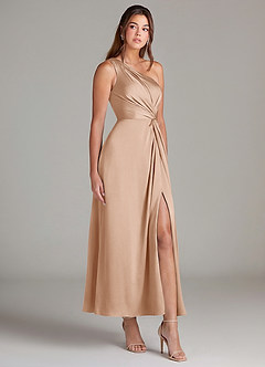 Azazie Brooke Robes de demoiselle d'honneur Robe Trapèze en Satin extensible Une épaule Rose Perle image4
