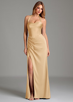 Azazie Serenity Robes de demoiselle d'honneur Robe Sirène en Satin extensible Décolleté en cœur Or image3