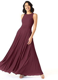 Azazie Lindie Brautjungfernkleider A-Linie Schaufel Gefaltet Chiffon Kleid Cabernetrot image3