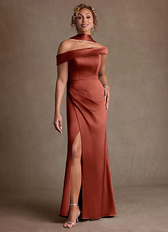 Azazie Kamala 신부의 어머니 드레스 쉬스 한쪽 어깨 스트레치 새틴 플로어 길이 드레스 image1