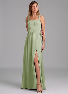 Azazie Rosaline Vestidos de damas de honor Vestido de Salvia Polvorienta de Satén Elástico de Corte en A con Corte Lateral image4