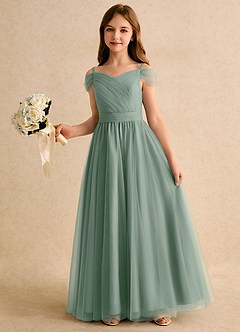 Azazie Yuna Girls Formal Flower Girl Dresses Silver Sage A-Line Off the Shoulder Tulle Dress image5