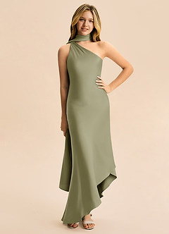 Azazie Briony Junior Vestido Pistache de Cetim elástico de Bainha com Plissado image3