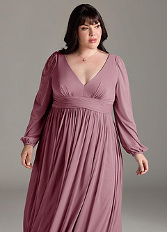 Azazie Norah Bridesmaid Dresses Vintage Mauve A-Line V-Neck Long Sleeve Chiffon Dress image12
