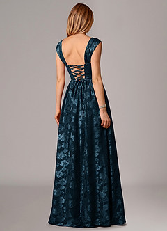 Azazie Hazel Vestidos de madrinha de casamento Vestido Azul Marinho de Esgotamento Floral de Linha A com Espartilho image5