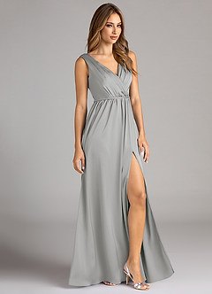 Azazie Tanicia Bridesmaid Dresses Silver A-Line Pleated Stretch Satin Dress image4