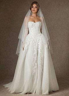 front Simple Two-Tier Fingertip Drop Wedding Veil with Blusher