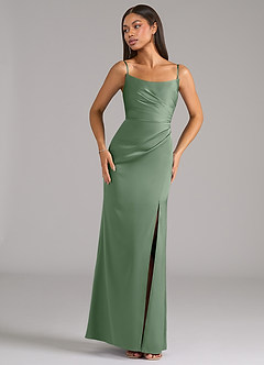 Azazie Marla Vestidos de damas de honor Vestido de Matcha de Satén Elástico de Corte Recto Convertible con Sin tirantes image7