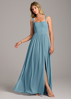 Azazie Rosaline Bridesmaid Dresses Moody Blue A-Line Side Slit Chiffon Dress image1