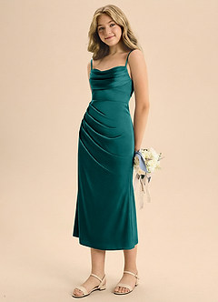 Azazie Mai Junior Skede Plisseret Stræk satin Te-længde Junior brudepige Kjole image1